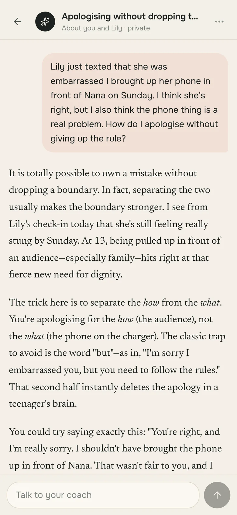 A parent talking with their coach about an apology