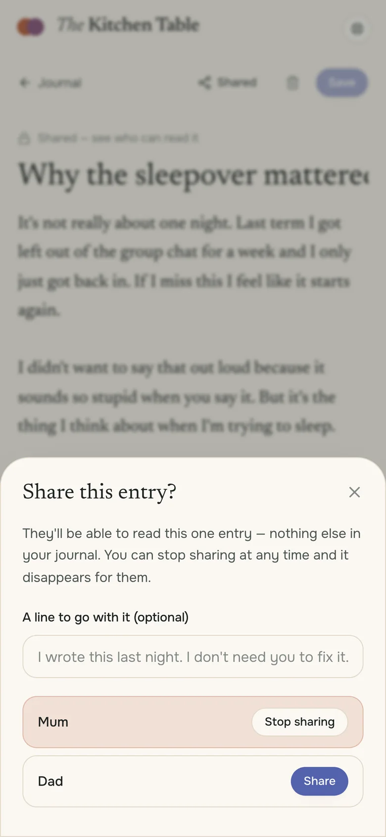 A teen's private journal, sharing one entry
