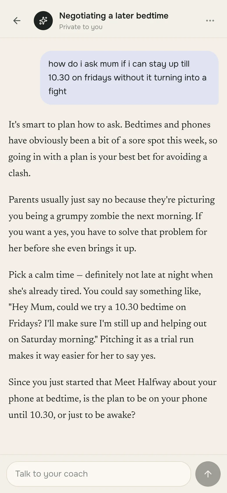 A teen asking their coach how to ask for a later bedtime
